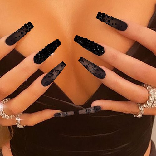 VOTACOS Press on Nails Long Coffin Fake Nails Black False Nails with 3D Rhinestone Butterfly Design Matte Full Cover Stick on Nails for Women