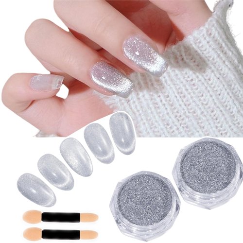 CHARMING MAY Cat Eye Chrome Nail Powder Chameleon Mirror Magnetic Chameleon Metallic Nail Art Glitter Magic Galaxy Effect (2PCS White)