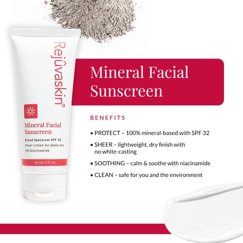 Rejuvaskin Mineral Facial Sunscreen - Face Cream Broad Spectrum Sunscreen for Sensitive Skin and Acne-prone Skin, Oil-free Mineral - Daily Face Lotion for the Face, Face Moisturizer with SPF 32