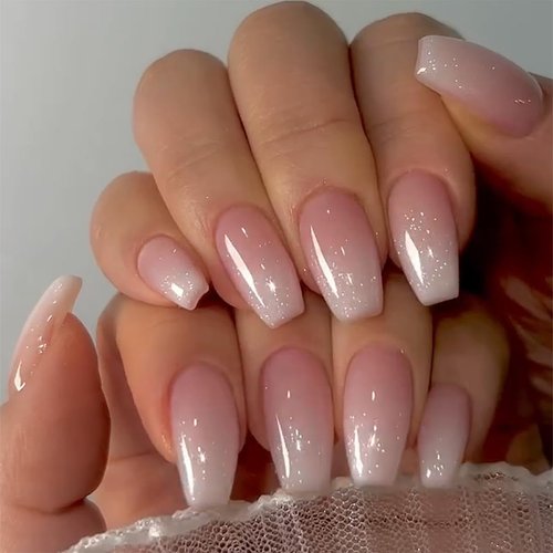 KQueenest Shimmer Ombre Pink Press on Nails Meidum Short Coffin Nails Press ons,Gel Glue on Nails French Fake Nails With Glazed Finish,Thick Acrylic Nails For Women Daily Events T Shaped