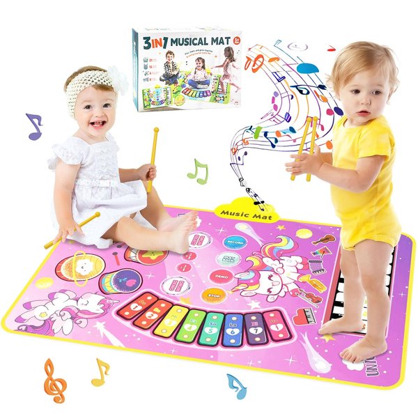 3 in 1 Baby Toy Musical Mat, Toddler Music Toys Piano Mat with Drum Touch, Baby Dinosaur Toy Dance Mat Floor Play Mat for Infant 12-18 Months, Birthday Gifts for 1 2 3 Year Old Boys Girls (Unicorn)