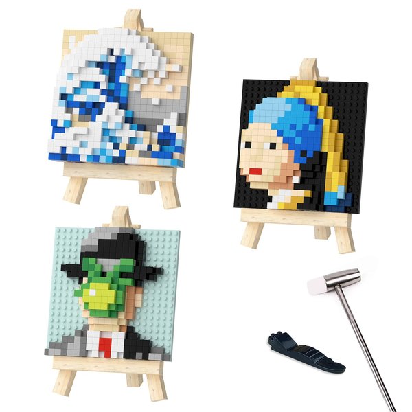 3 Packs World Famous Painting MOC Building Block Set, Kanagawa Surf & The Girl with The Pearl Earring & The Son of Man, with Mini Easel x 3 Mini Building Blocks Set (Not Compatible with Lego)