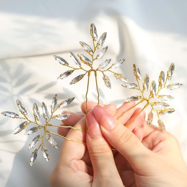 Foryysa Bridal Wedding Hair Pins for Women Gold Rhinestone Flower Headpiece Elegant Handmade Vine Headwear Sparkly Wheat Design (3 pcs)