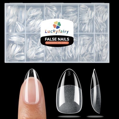 Luckyfairy Short Almond Fake Nails, 504pcs Soft Gel Pre-Shaped Acrylic Nail Tips, Half Matte Full Cover Clear Gelly Press on Flase Nail Tips for Extension Nail Manicure Home DIY 12 Sizes Gelly Tips
