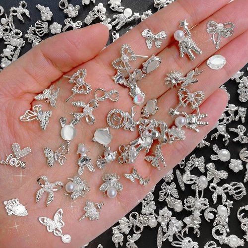 50pcs Multi Shapes Silver Nail Charms 3D Alloy Bow Flower Butterfly Nail Art Charms Bear Heart Crown Star Charms for Nails Design Nail Rhinestones Nail Gems Metal Nail Jewels for Nail Art Supplies