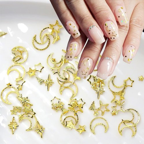 2 Box Star Nail Charms Nails Art Studs 3D Gold Star Moon Nail Charms Metallic Star Moon Nail Rhinestones Nail Jewelry Decorations Manicure Kit Art Accessories Supplies for Women Girls Acrylic Nails