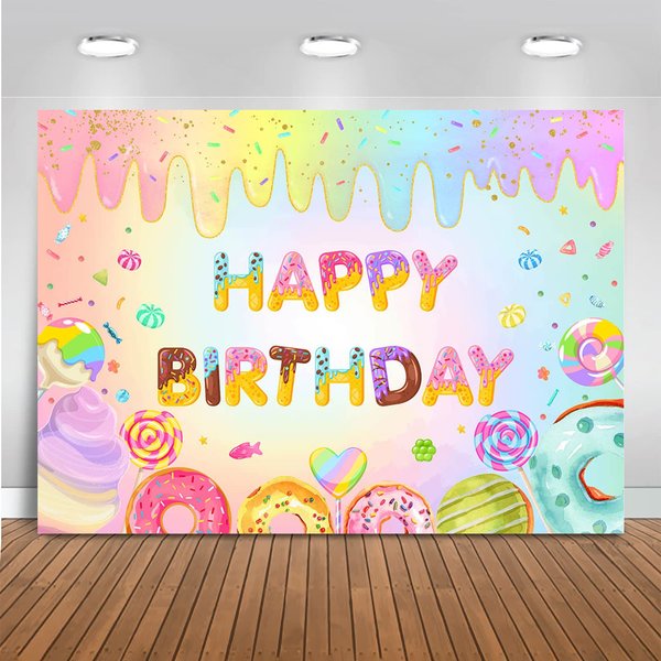 Mocsicka Donut Happy Birthday Backdrop for Girls Sweet Candy Birthday Party Decorations Background Cake Table Banner Donut Ice Cream Birthday Photography Background (7x5ft (82x60 inch))