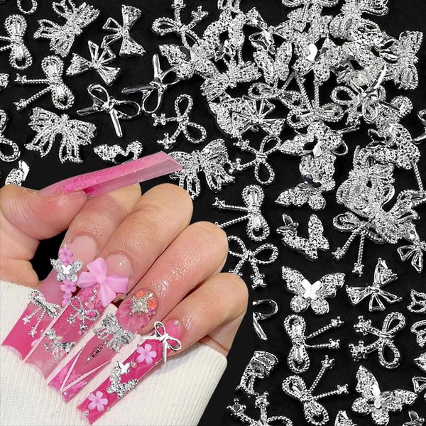 50pcs 3D Metal Bow Nail Charms Random Nail Bows Butterfly Nail Art Charms Silver Nail Charms Alloy Nail Rhinestones Cute Bow Charms for Nails Design Bowknot Butterfly Nail Jewels for Nail Art Supplies