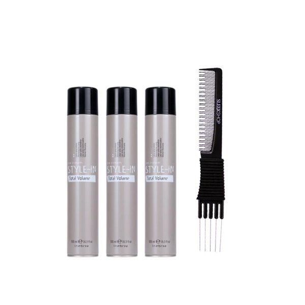 kuss Inebrya Ice Cream Style In Volumizing Hair Spary (16.9 oz) with Teasing Comb Pack of 3