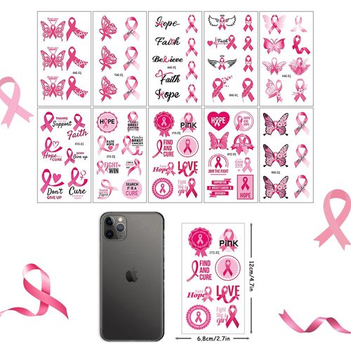 Pink Ribbon Temporary Tattoos,10 Sheets Fake Waterproof Breast Cancer Awareness Tattoo Stickers for Women Girls Party Fundraising Event