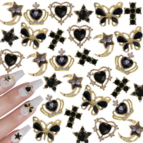 editTime Metal Alloy Nail Charms Rhinestones Kit 3D Gold Silver Stars Butterfly Heart Rose Flower Nail Gems Shiny Crystal Rhinestones Diamonds Jewelry (black-30)