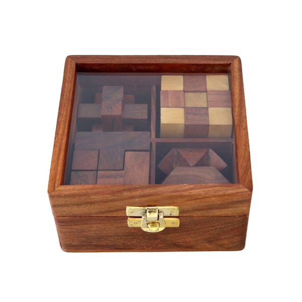 Ajuny 4-in-1 Wooden Puzzle Box - 3D Puzzles & Brain Teaser Games for Adults, Wooden Puzzles, Logic IQ Brain Games, Rustic Decor, Unique Gift for Christmas & Birthday