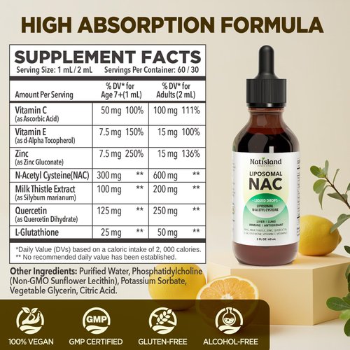 Liposomal Liquid NAC Drops, NAC Supplement N-Acetyl Cysteine, NAC 600 mg with Milk Thistle & Quercetin for Adults & Kids, Liver & Lung Support, Immune & Antioxidant, Skin & Cellular Health, 2 Fl Oz