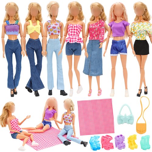 BARWA 17 Pcs Doll Clothes and Accessories for 11.5 Inch Girl Dolls Including 2 Sets Fashion Floral Skirts and Denim Skirts, 5 Sets Casual Tops and Pants with 2 Bags, 1 Plaid Picnic Mat