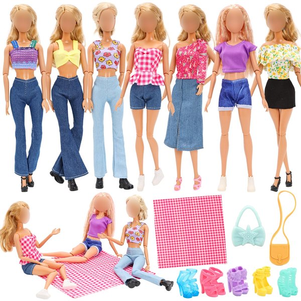 BARWA 17 Pcs Doll Clothes and Accessories for 11.5 Inch Girl Dolls Including 2 Sets Fashion Floral Skirts and Denim Skirts, 5 Sets Casual Tops and Pants with 2 Bags, 1 Plaid Picnic Mat