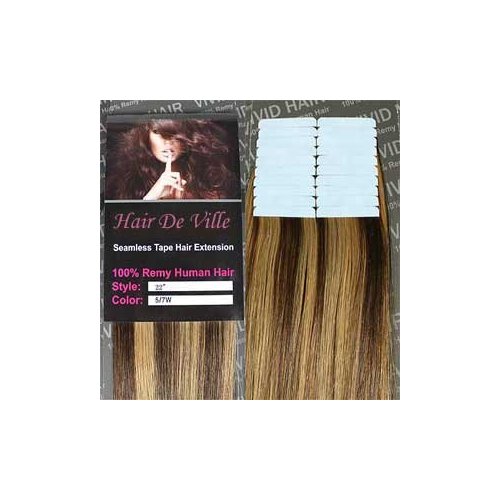 20 Pcs X 22" Inches Hair De Ville Remy Seamless Tape Skin Weft PU Human Hair Extensions (5/ 7W) Brown mix Dark Blonde