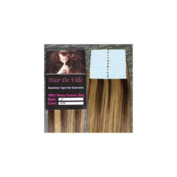 20 Pcs X 22" Inches Hair De Ville Remy Seamless Tape Skin Weft PU Human Hair Extensions (5/ 7W) Brown mix Dark Blonde