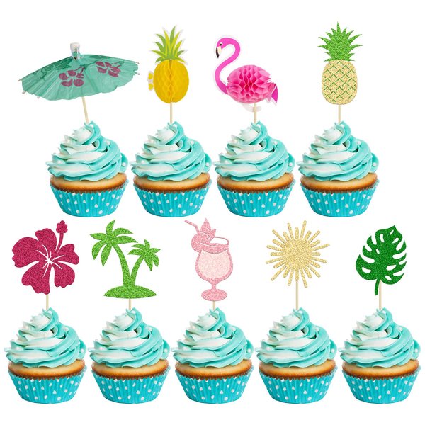 36Pcs Tropical Luau Cupcake Toppers Palm Tree Flower Turtle Leaves Flamingo Pineapple Cupcake Picks for Summer Hawaiian Tropical Luau Theme Birthday Party Cake Decorations Supplies