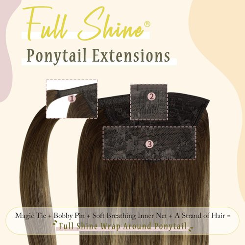 Full Shine Ponytail Hair Extensions 12Inch Balayage Ombre Brown Fading Caramel Brown One Piece Clip In Ponytail Extension Human Hair Wrap Around Pony Tails Hair Extensions 70G