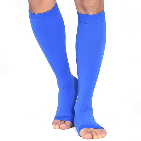 TOFLY® Compression Stockings (Pair), Grade Firm Support 20-30mmHg, Opaque, Unisex, Open Toe Knee High Compression Socks for Varicose Veins, Edema, Shin Splints, Nursing, Travel, Blue XXL