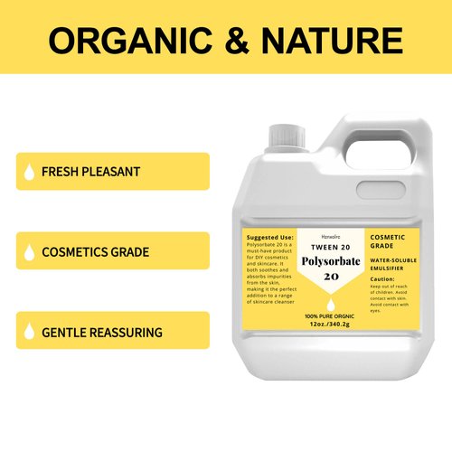 12 oz Polysorbate 20 Emulsifier, Premium Polysorbate 20 (TWEEN 20) Liquid, 100% Pure, Cosmetics Grade, Gentle on Skin, Suitable for Making Lotions, Shampoos, Body Washes, Makeup Removers and More