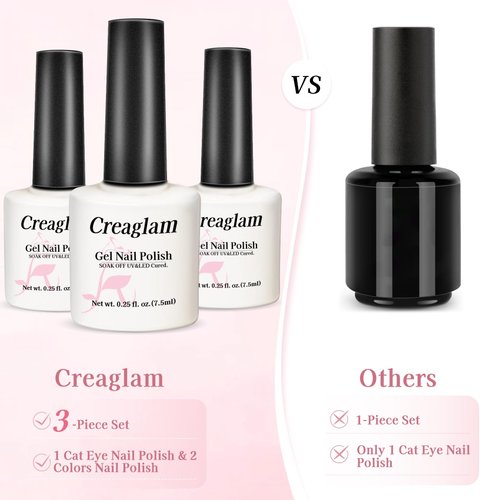 Creaglam Cat Eye Gel Nail Polish Set, 3 Pcs Gel Polish 1 Silver Shimmer Velvet Gel Nail Polish and 2 Colors Gel Polish (Pink and Black) Holographic Nail Polish with Magnet UV Gel Nail Art