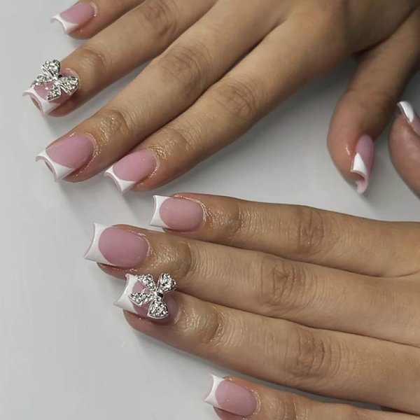 24 Pcs French Tip Press on Nails Short Length Reusable Nude Fake Nails with Charms Alloy Bow False Nails Square Shape Full Cover French Acrylic Nails Glue on Nails for Women Girls DIY Nail Decoration