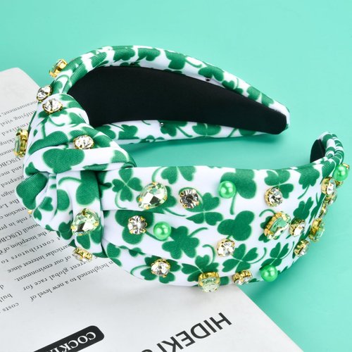 ABONDEVER St.Patrick's Day Green Beaded Headbands Rhinestone Lucky Leaf Knotted Headband Wide Jeweled Non Slip Knotted Headband St Patricks Day Hair Accessories Irish Holiday Gifts (Shamrock-B)
