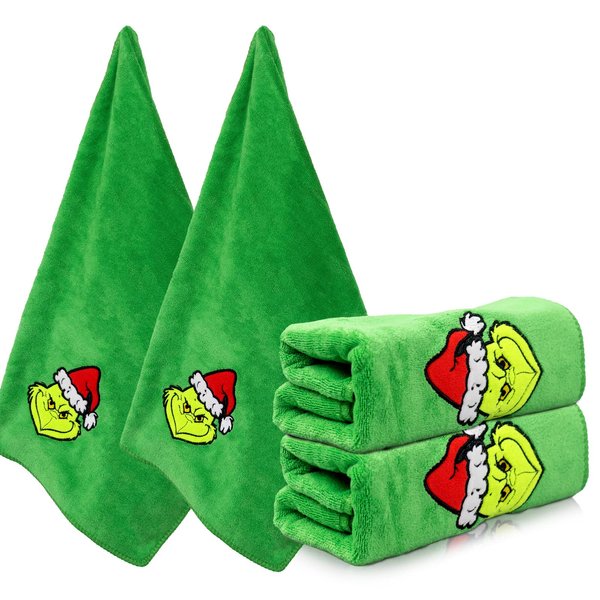 AMUHUA Christmas Kitchen Towels and Dishcloths Set - 30 X 14 Inch Green Xmas Absorbent Reusable Fingertip Tea Dish Hand Towels for Drying, Cleaning, Cooking and Baking, 2 Pack