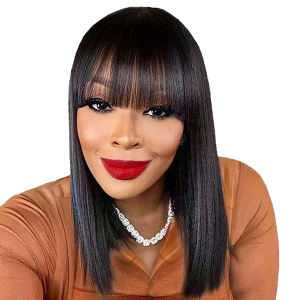 HOTJAR 14 Inch Bob Wig With Bangs Human Hair Straight Bob Wig Human Hair Glueless With Bangs For Women Non Lace Front Wig (019# 14 Inch NT#)