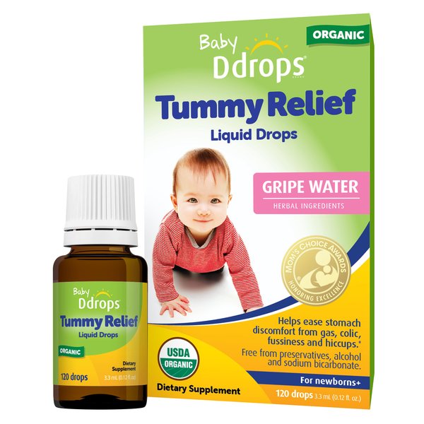 Ddrops Baby Tummy Relief Liquid Drops, Organic Gripe Water for Newborns, Relief from Gas, Colic, Fussiness and Hiccups, Just One Drop, Herbal Ingredients, 120 Drops