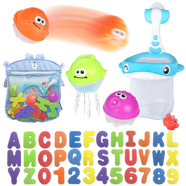 Bath Toy Sets, 36 Foam Bath Letters and Numbers, Floating Squirts Animal Toys Set with Fishing Net and Organizer Bag, Fish Catching Game for Babies Infants Toddlers Bathtub Time