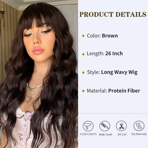 IFSUP Long Brown Wig with Bangs for women Long Wavy Dark Brown Curly Wigs Natural Looking Premium Protein Fiber Hair Replacement Wigs Cosplay Costume Halloween Wigs(26'' Brown)