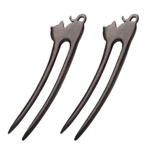 CHOISBEING Wooden Hair Forks U Shape Hair Stick for Long Hair Handmade French Hairpin Wood Vintage Two Prong Hair Clip for Women Hair Accessories (2pack kitten wooden hair sticks)