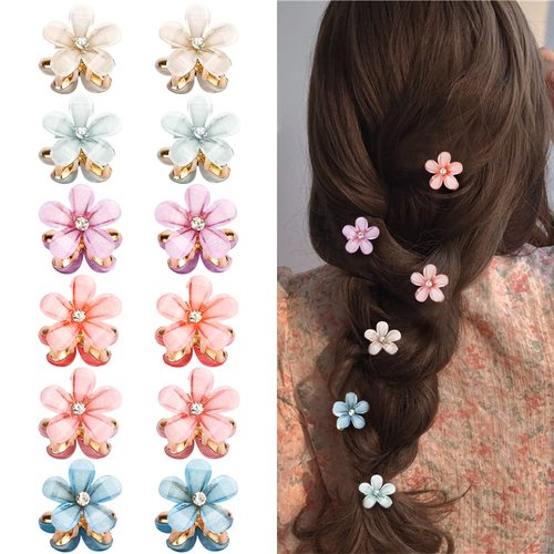 Ahoney 12Pcs Small Hair Clips Crystal Mini Flower Hair Clips Hair Decorations for Women Hair barrettes for Fine Hair Alligator Bling Bling Hairpin, 6 Colors