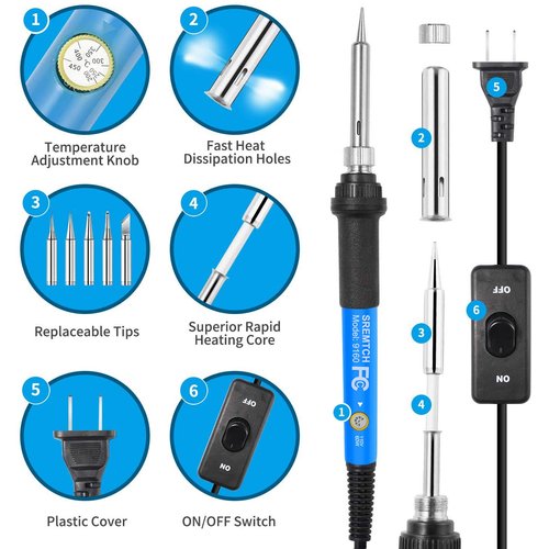 9-in-1 Soldering Kits, [Upgraded] 60W Adjustable Temperature Welding Tool with ON-Off Switch, 5pcs Soldering Iron Tips, Solder Wire, Y Type Soldering Iron Stand (Light Blue)