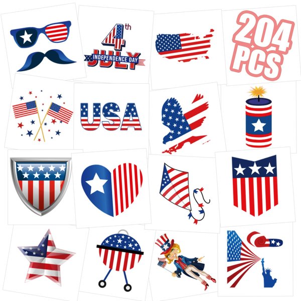 Metker Fourth of July Decorations Temporary Tattoo(204 PCS) Independence Day Adult Child Decorations Temporary Tattoo Waterproof Face Tattoo Stickers Memorial Day American Flag
