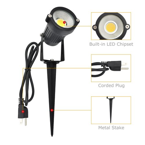 J.LUMI GSS6005 LED Spotlight 5W, 120V AC Line Voltage, 3000K Warm, Metal Construction with Ground Stake, Landscape Spot Light, Outdoor and Indoor Use, 3-ft Cord with Plug, Black