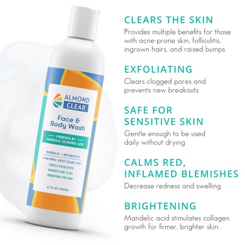 Almond Clear Face & Body Wash [6.7 Fl Oz] Skin Care for Acne and Folliculitis-Prone Skin - Gentle Everyday Exfoliating Cleanser with Mandelic Acid and Botanicals