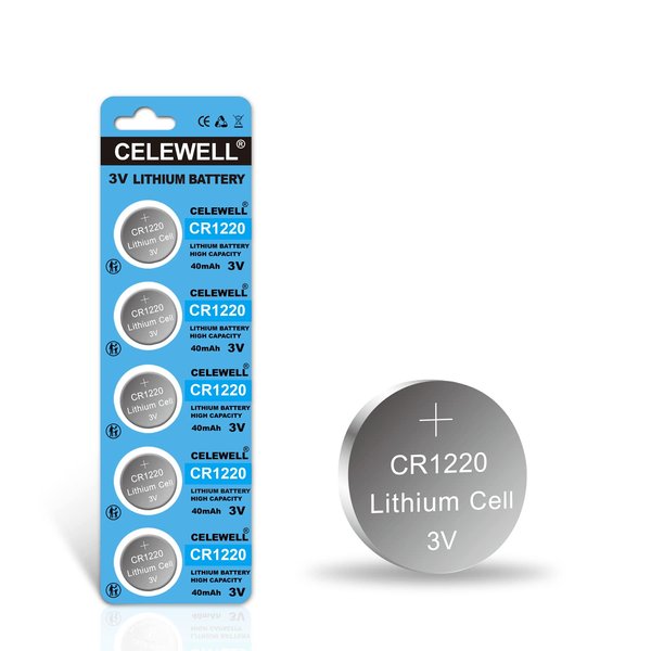 CELEWELL CR1220 5-Pack 3V Lithium Battery 40mAh for LED Light/Bracelet/Flashlight【5-Year Warranty】