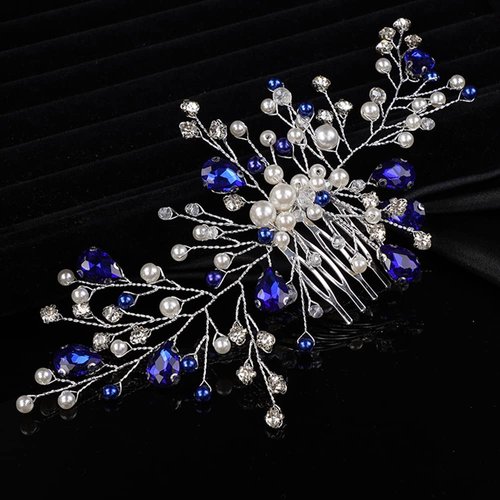 Teyglen Blue Crystal Bride Wedding Hair Comb Handmade Pearl Rhinestone Hair Pieces Hair Accessories for Bride Bridal Side Hair Comb Headpieces for Women Girls