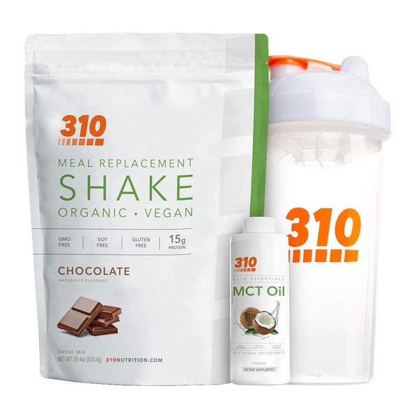 Vegan Organic Plant Protein Powder and Meal Replacement Shake With Shaker Cup and 2 Oz MCT Oil - By 310 Nutrition - Gluten, Dairy and Soy Free - 0g of Sugar | Keto and Paleo Friendly (Chocolate)