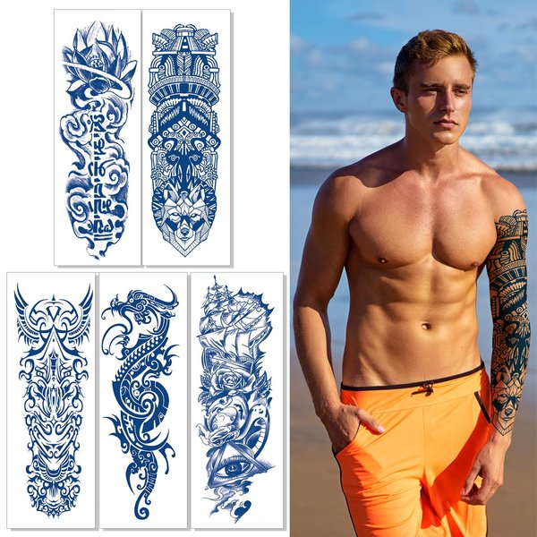 Aresvns Semi Permanent Sleeve tattoos for Men and women, Realistic Temporary Tattoos Full Arm Waterproof & Long-Lasting 2-3 Weeks Christmas Gift Dark Blue