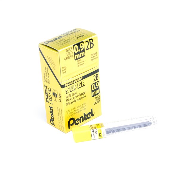 Pentel Super Hi-Polymer Lead Refill, 0.9mm Thick, 2B, 180 Pieces of Lead (50-9-2B),Gray