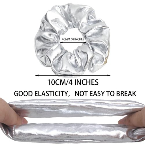 12 Pcs PU Leather Cheer Hair Scrunchies Gold Scrunchy School Performance Ponytail Holder Hair Accessories for Cheerleading Teen Girls College Sports (Silver)