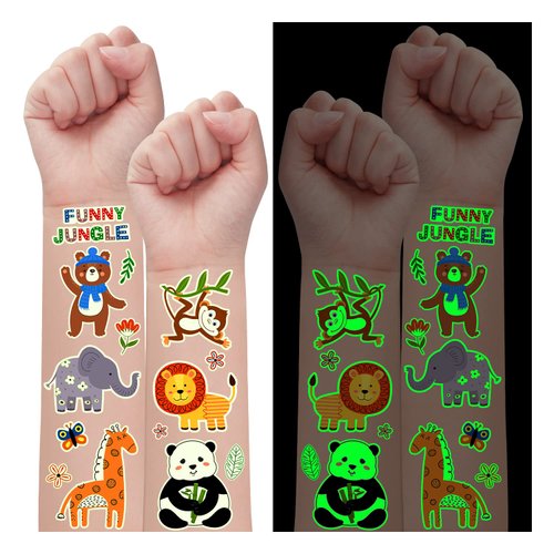 Partywind 300 Styles Luminous Jungle Temporary Tattoos for Kids, Glow Safari Animals Tattoo Stickers for Party Supplies Favors, Safari Baby Shower Decor for Boys and Girls Gifts Games (30 Sheets)