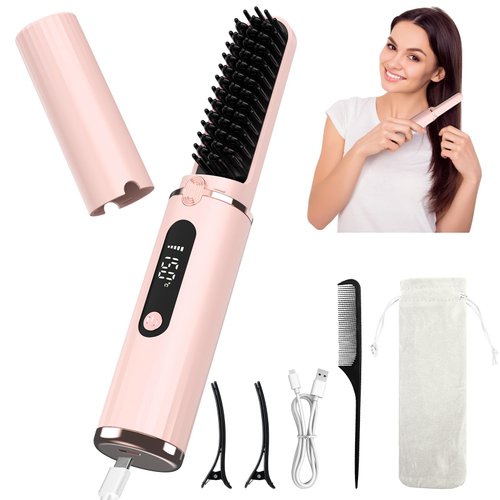 Vilante Cordless Hair Straightener Brush, Portable Straightening Brush for Travel Negative Ion Hot Comb Hair Straightener for Women 4 Temperature Anti-Scald Hair Straightener Brush USB Rechargeable