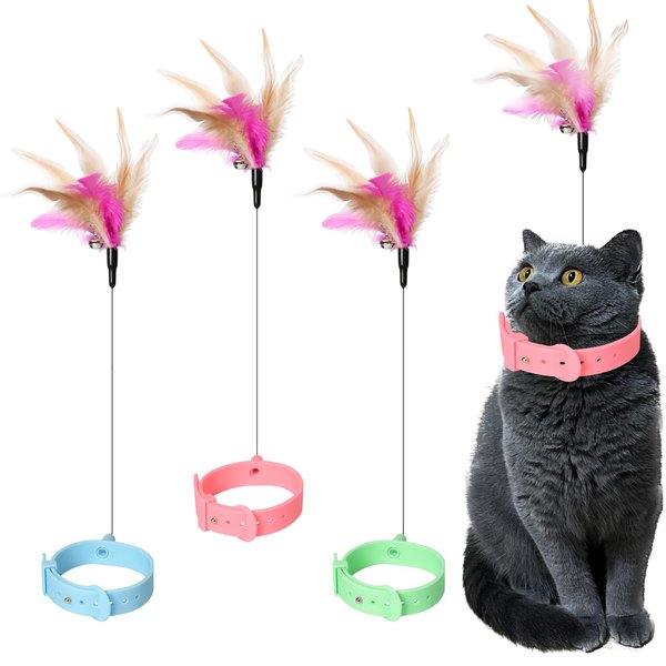 Pumwoy Cat Collars with Cat Feather Toys,3pcs Interactive Cat Toy with Bell for Indoor Cats,Adjustable Silicone Cat Collar Toy(Pink&Blue&Green)