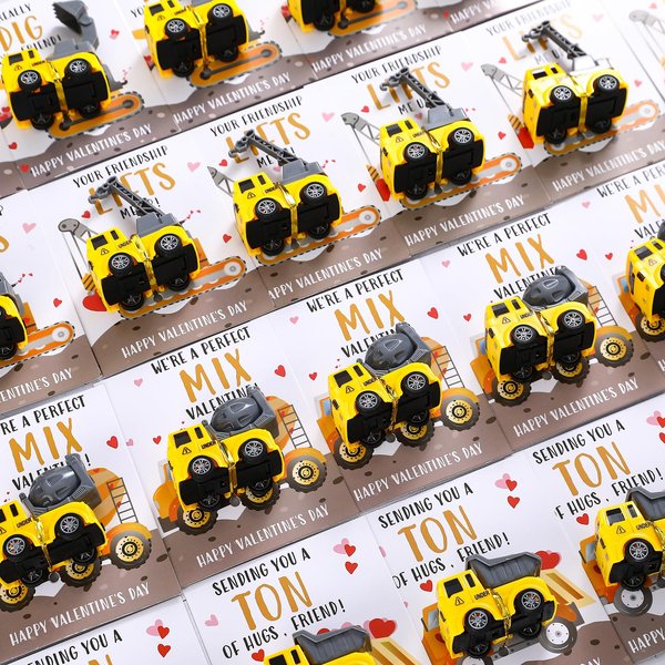 Buttools Valentines Day Gifts for Kids-24 Pack Valentines Cards with Construction Vehicles Toys Car for Kids Classroom Exchange Cards for Toddlers Girls Boys School Party Favors