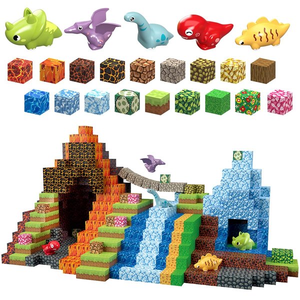 MEDMHSMA 205Pcs Dinosaur Toys Magnetic Blocks Build 3D Dinosaur World, 1" Magnetic Building Blocks Tiles for Toddler Boys Girls 3+, STEM Sensory Building Toys Games